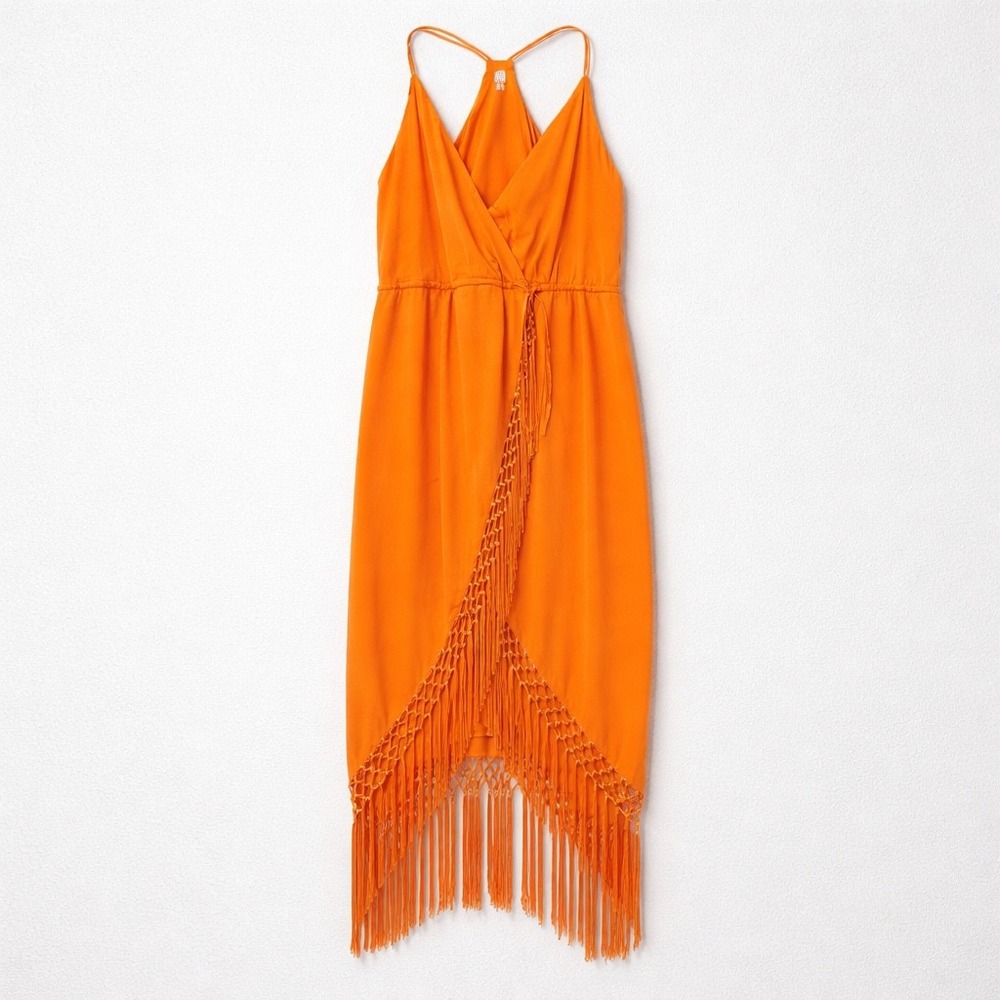 Magic‎ Orange Peach Fringe Hem Wrap Front Midi Dress Boho Festival Summer Sz M